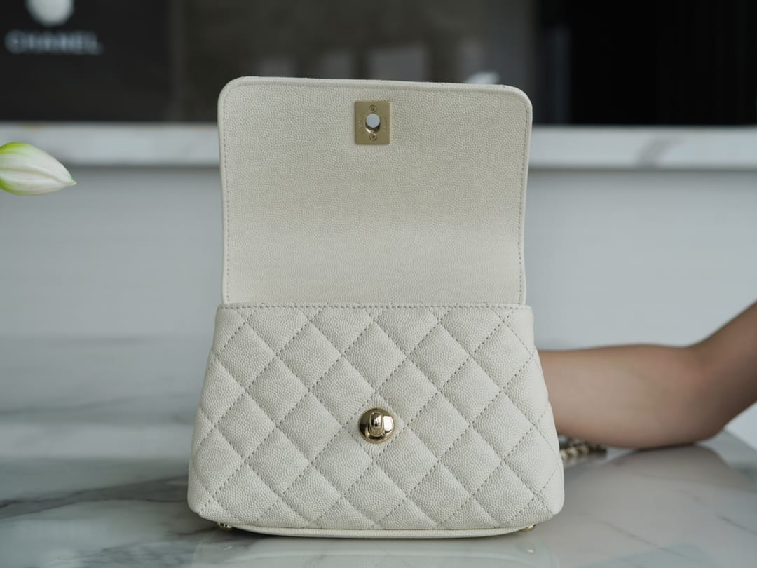 CHANEL COCO Top Handle Mini Flap Bag in Grained Calfskin - White