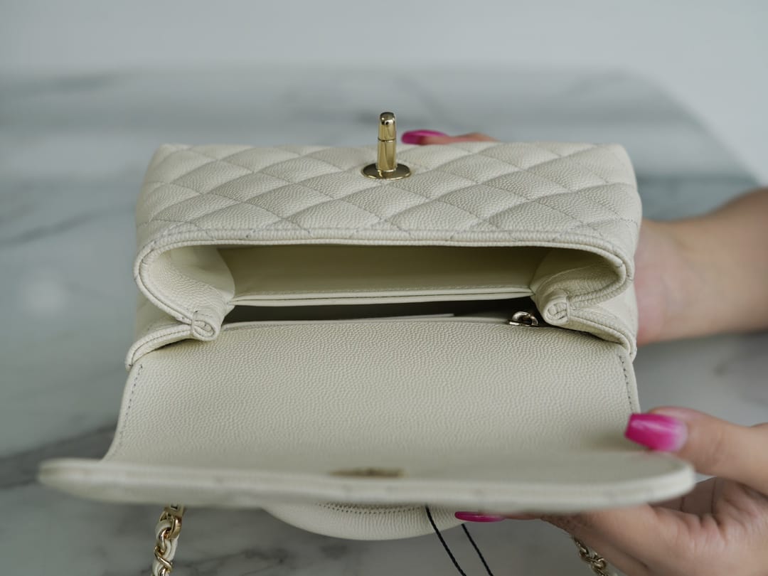 CHANEL COCO Top Handle Mini Flap Bag in Grained Calfskin - White