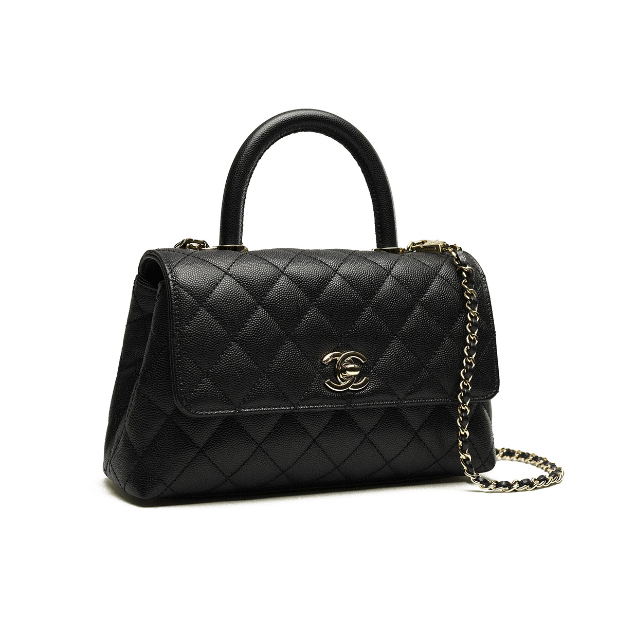 CHANEL COCO Top Handle Small Flap Bag in Grained Calfskin - Black