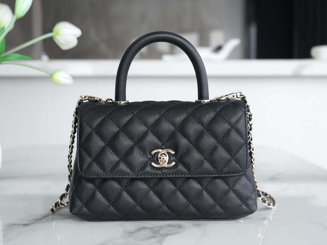 CHANEL COCO Top Handle Small Flap Bag in Grained Calfskin - Black