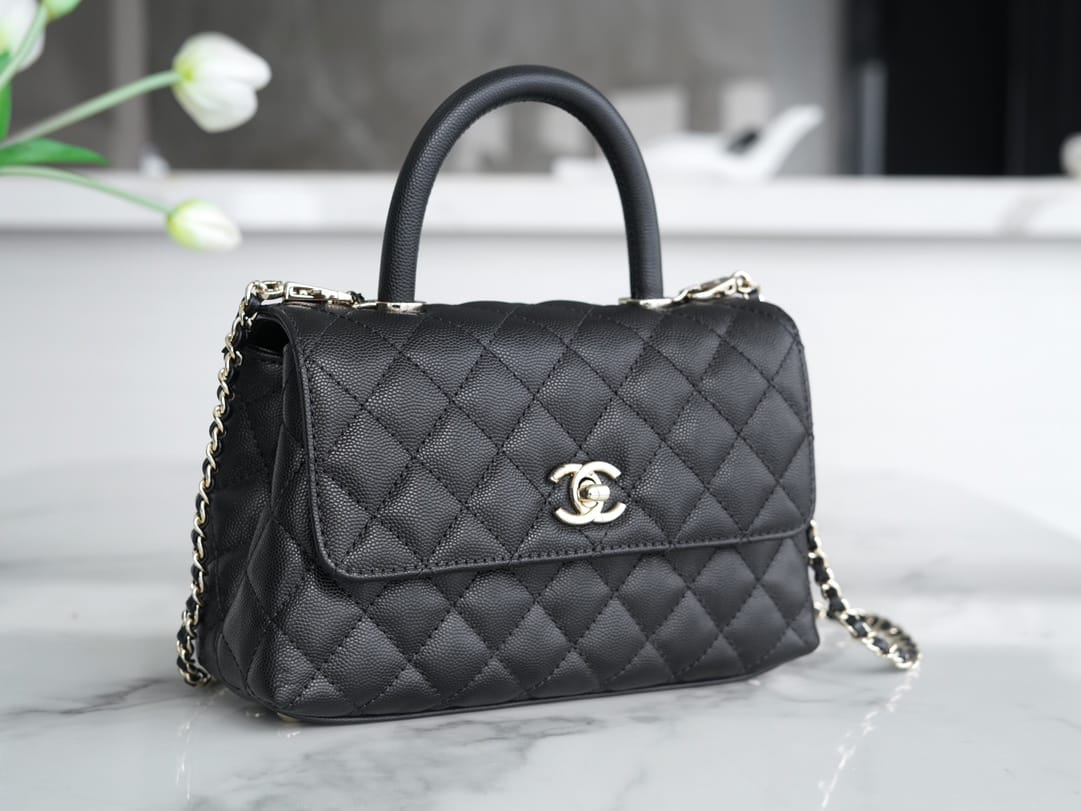 CHANEL COCO Top Handle Small Flap Bag in Grained Calfskin - Black