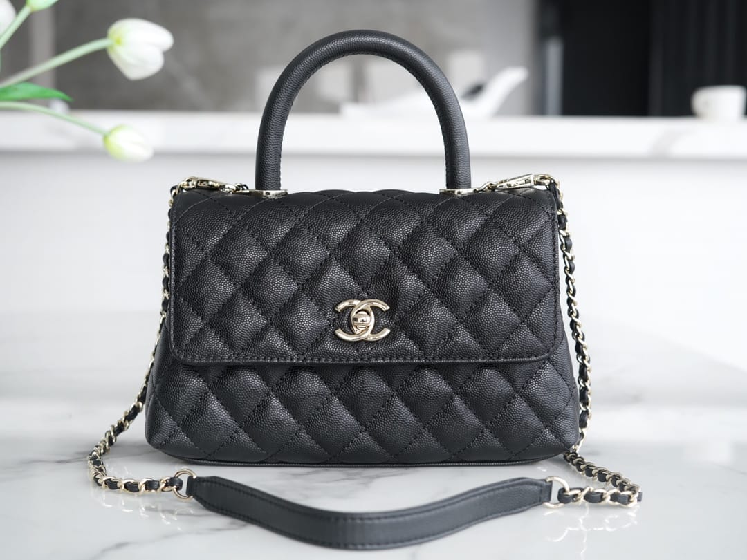 CHANEL COCO Top Handle Small Flap Bag in Grained Calfskin - Black