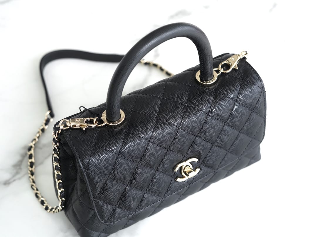 CHANEL COCO Top Handle Small Flap Bag in Grained Calfskin - Black