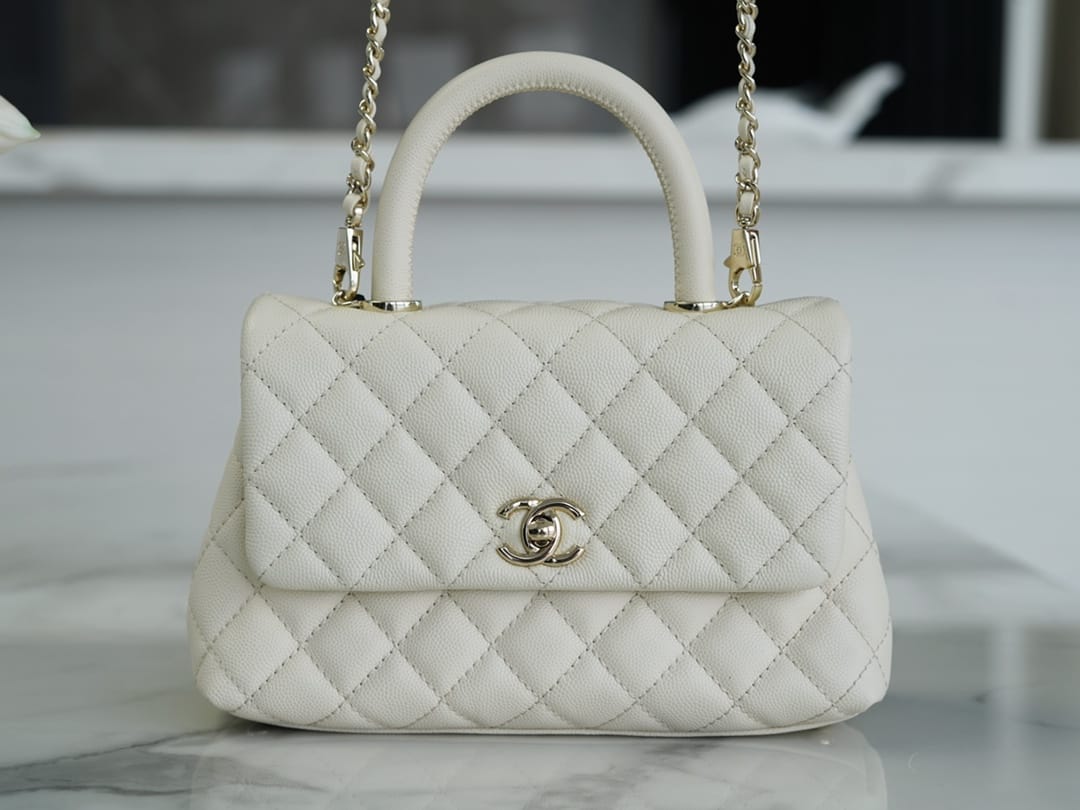 CHANEL COCO Top Handle Small Flap Bag in Grained Calfskin - White