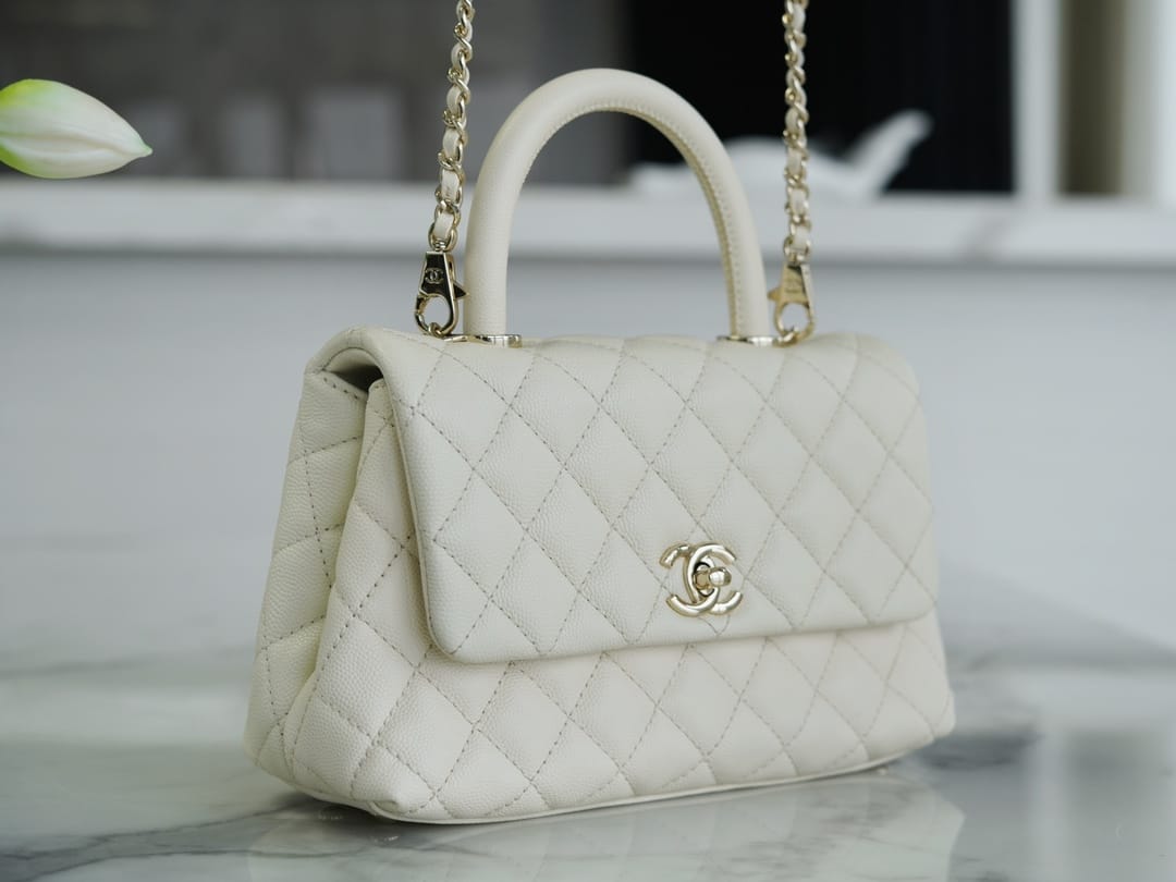 CHANEL COCO Top Handle Small Flap Bag in Grained Calfskin - White