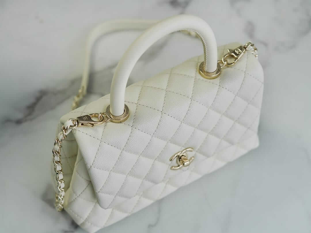 CHANEL COCO Top Handle Small Flap Bag in Grained Calfskin - White