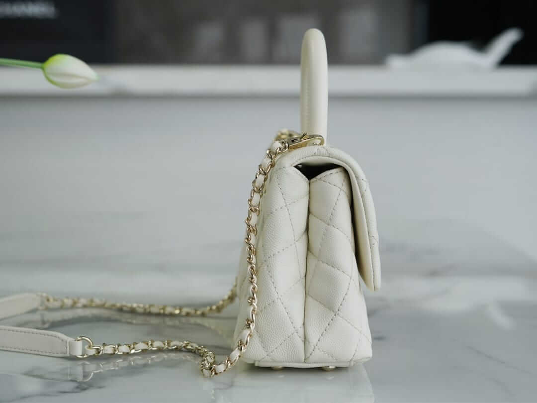 CHANEL COCO Top Handle Small Flap Bag in Grained Calfskin - White