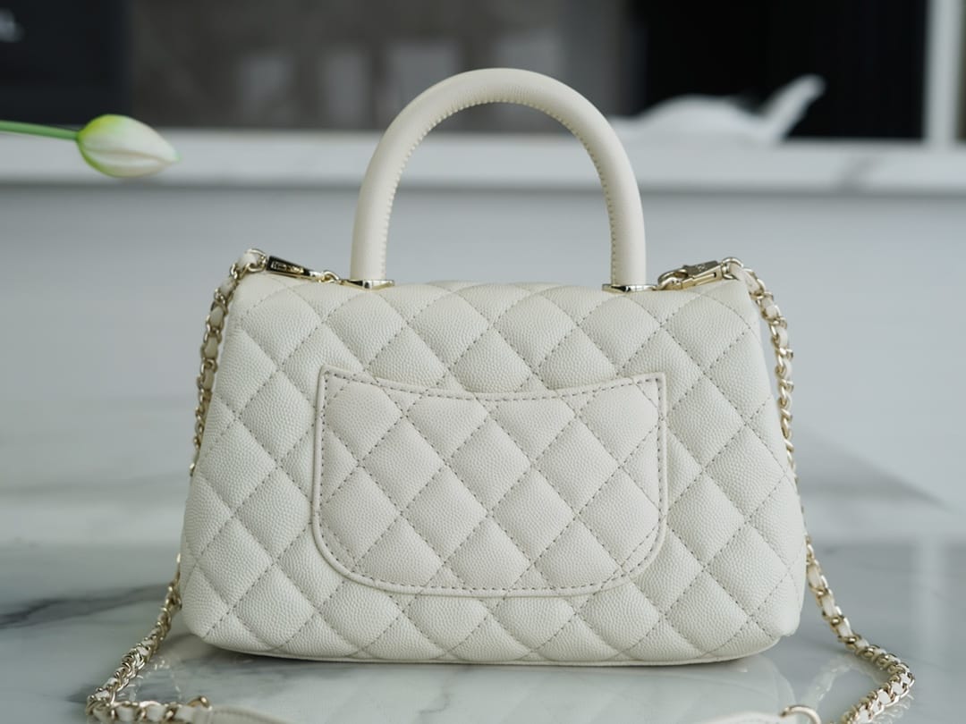 CHANEL COCO Top Handle Small Flap Bag in Grained Calfskin - White