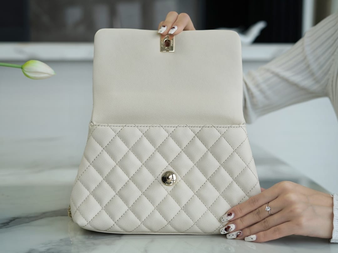 CHANEL COCO Top Handle Small Flap Bag in Grained Calfskin - White