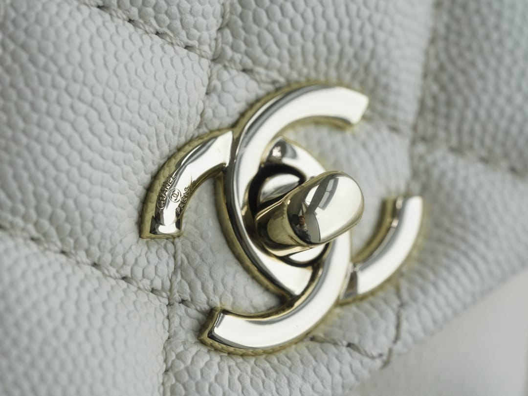 CHANEL COCO Top Handle Small Flap Bag in Grained Calfskin - White