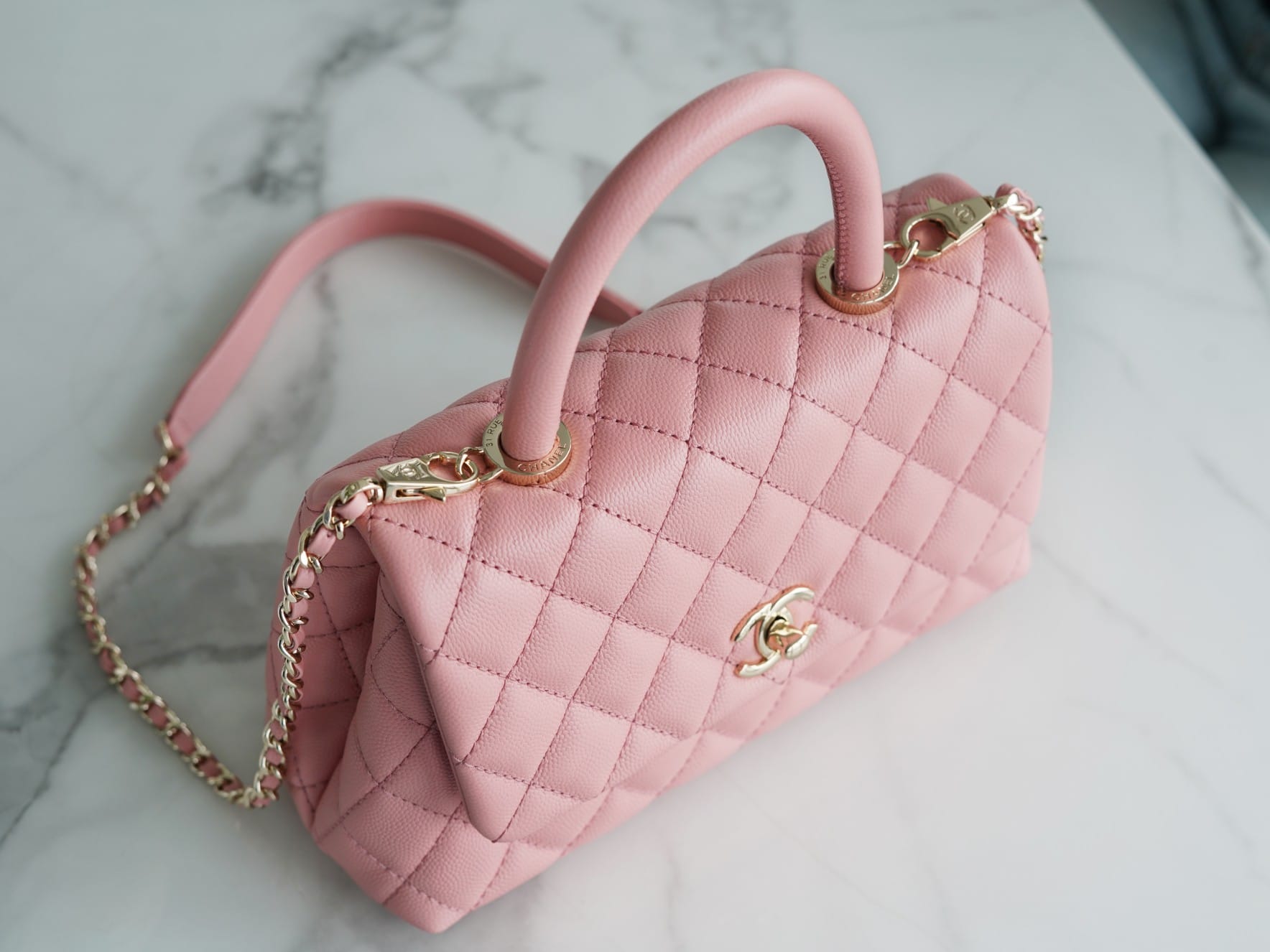 CHANEL COCO Top Handle Small Flap Bag in Grained Calfskin - Pink