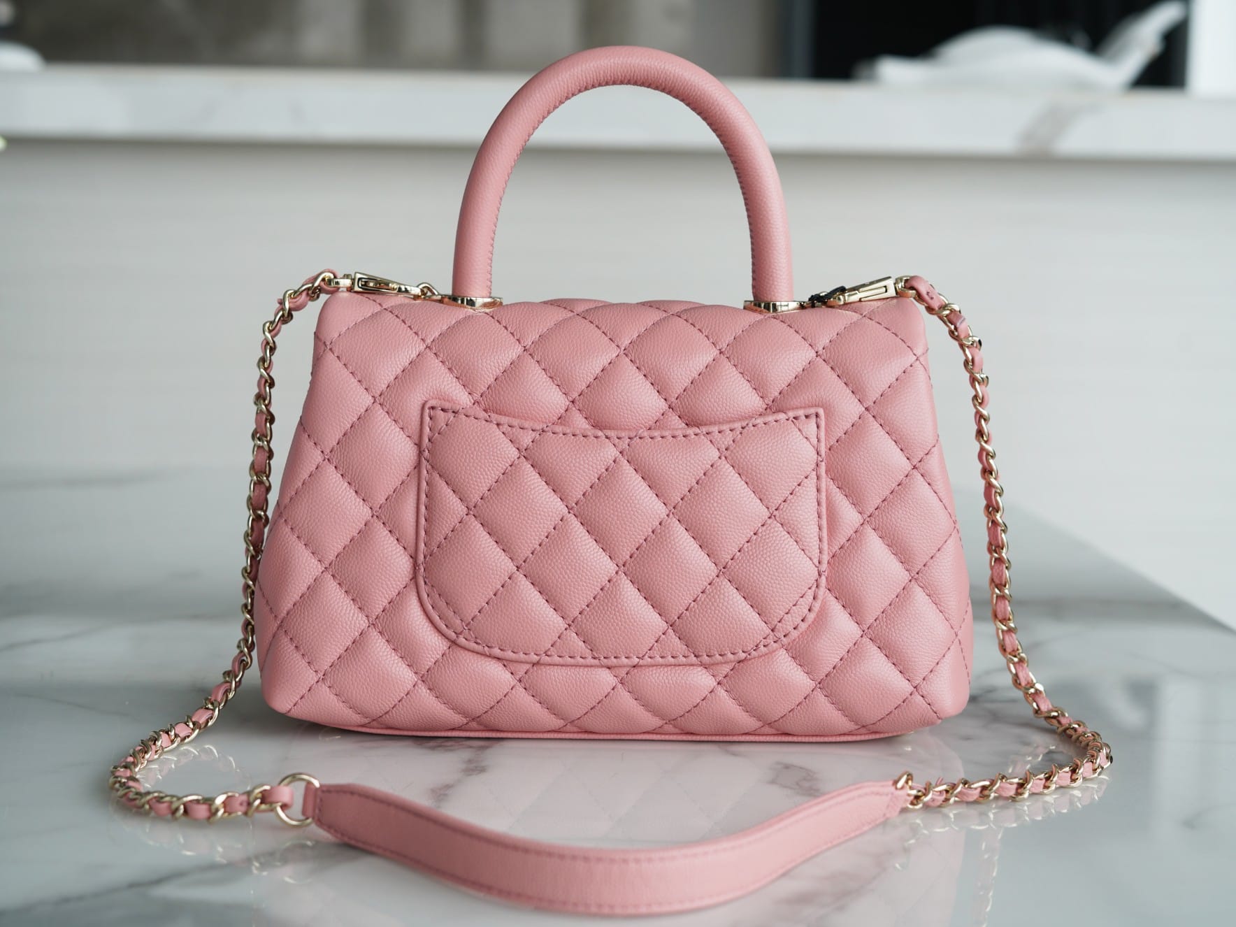 CHANEL COCO Top Handle Small Flap Bag in Grained Calfskin - Pink