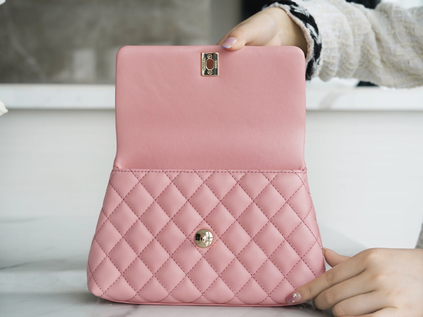 CHANEL COCO Top Handle Small Flap Bag in Grained Calfskin - Pink