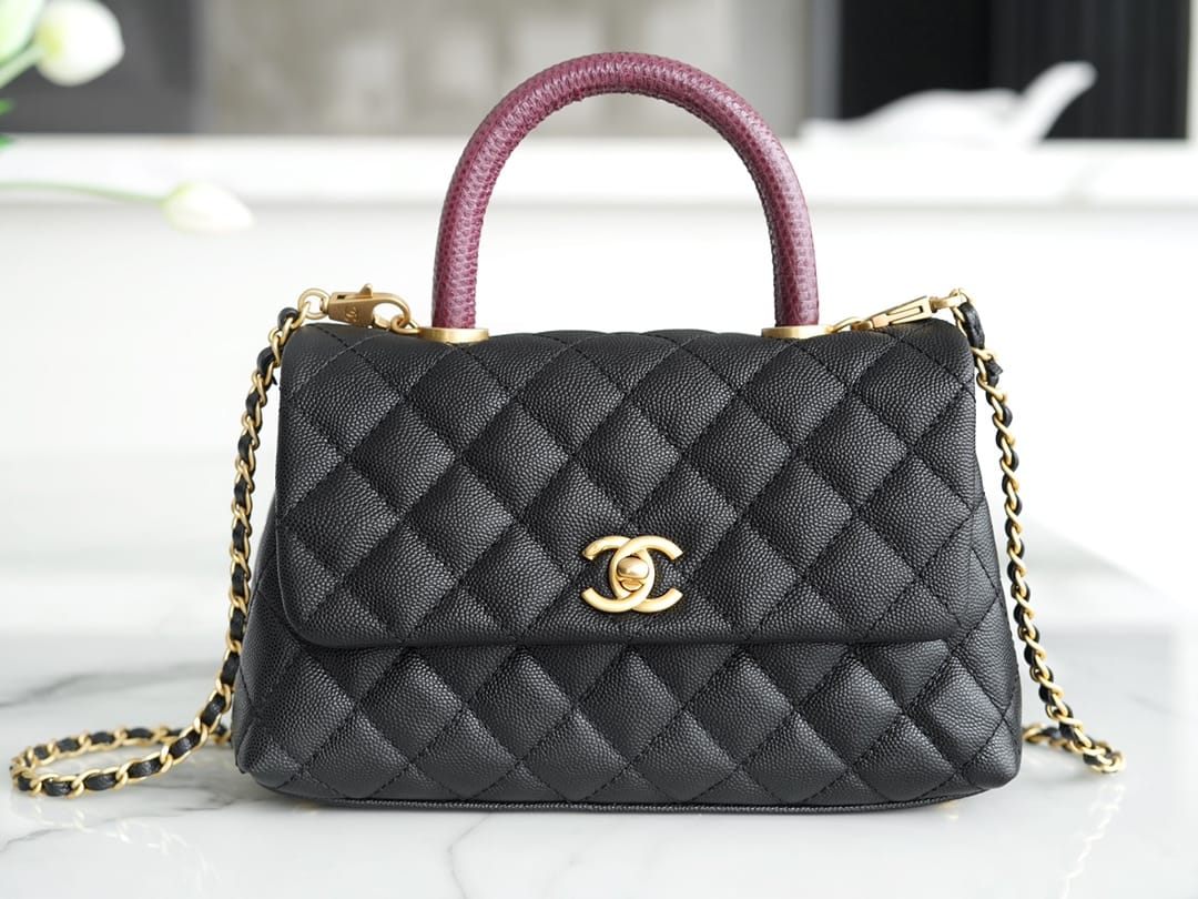 CHANEL COCO Top Handle Small Flap Bag in Grained Calfskin - Black