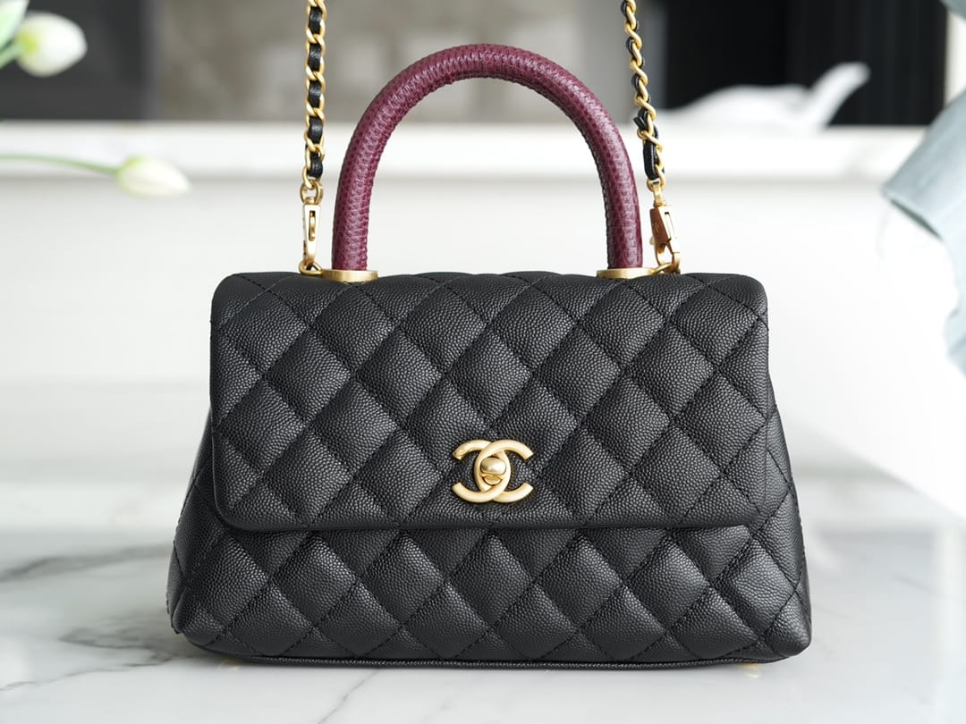 CHANEL COCO Top Handle Small Flap Bag in Grained Calfskin - Black