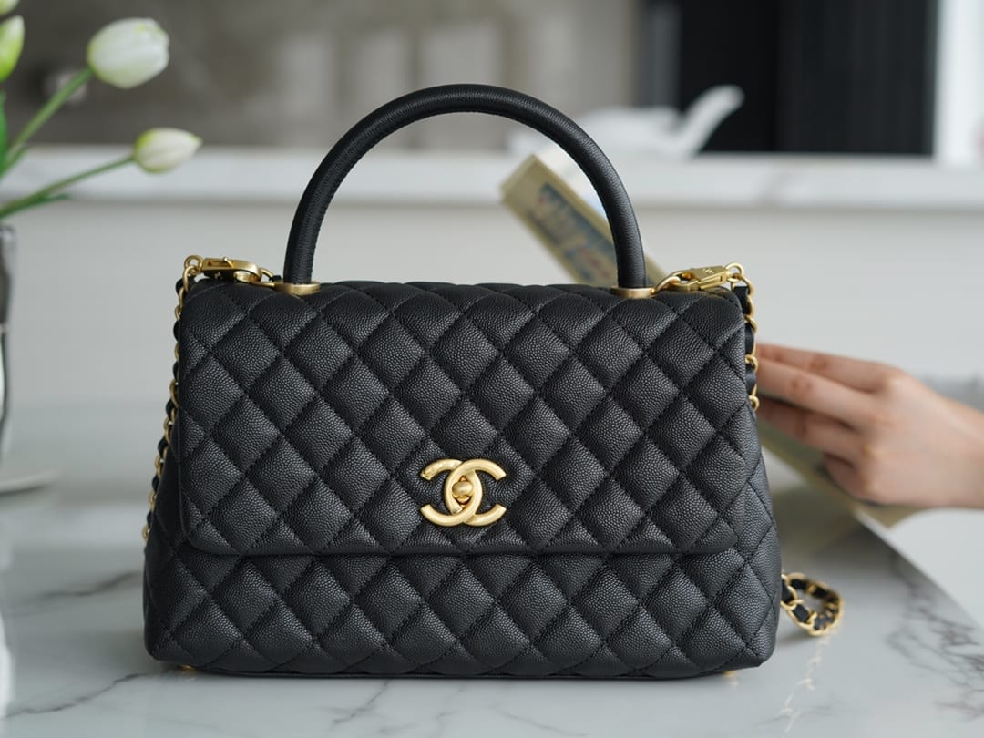 CHANEL COCO Top Handle Large Flap Bag in Grained Calfskin - Black