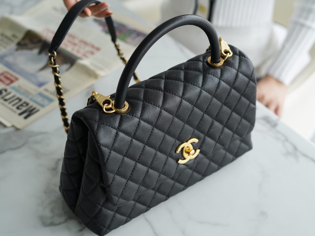 CHANEL COCO Top Handle Large Flap Bag in Grained Calfskin - Black