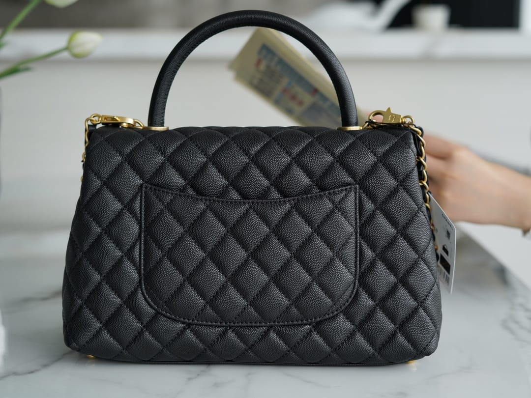 CHANEL COCO Top Handle Large Flap Bag in Grained Calfskin - Black