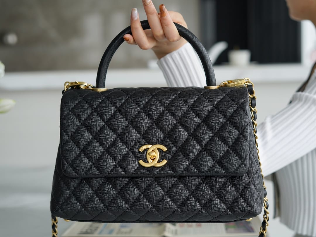 CHANEL COCO Top Handle Large Flap Bag in Grained Calfskin - Black