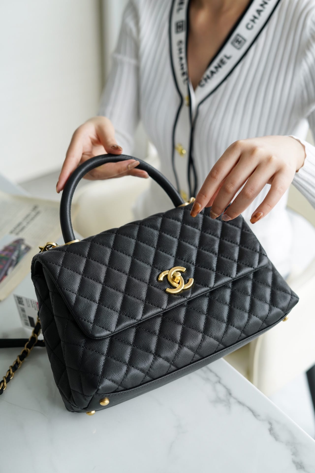 CHANEL COCO Top Handle Large Flap Bag in Grained Calfskin - Black