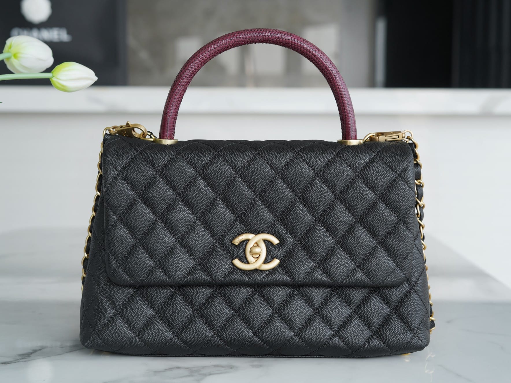 CHANEL COCO Top Handle Large Flap Bag in Grained Calfskin - Black