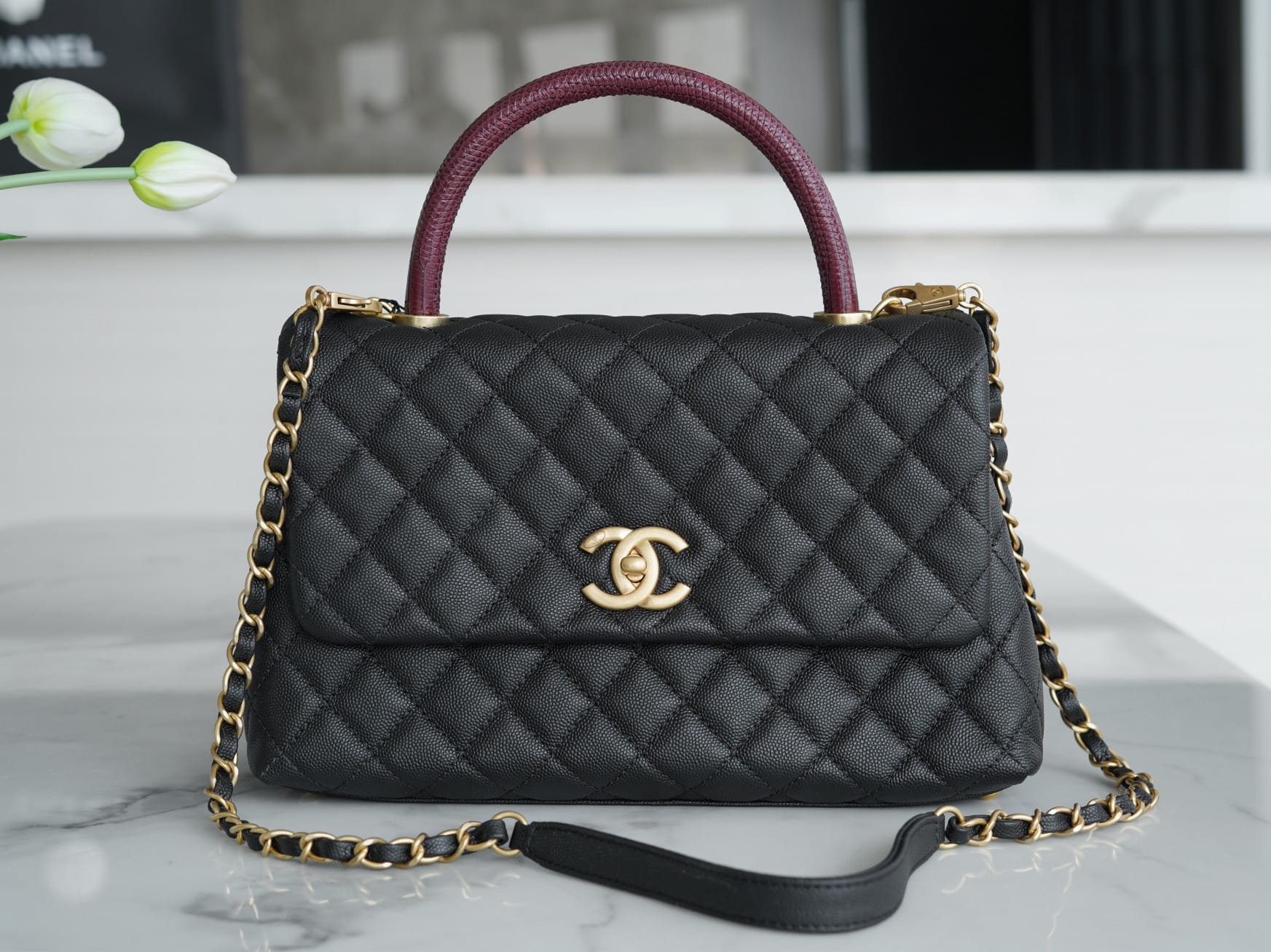 CHANEL COCO Top Handle Large Flap Bag in Grained Calfskin - Black