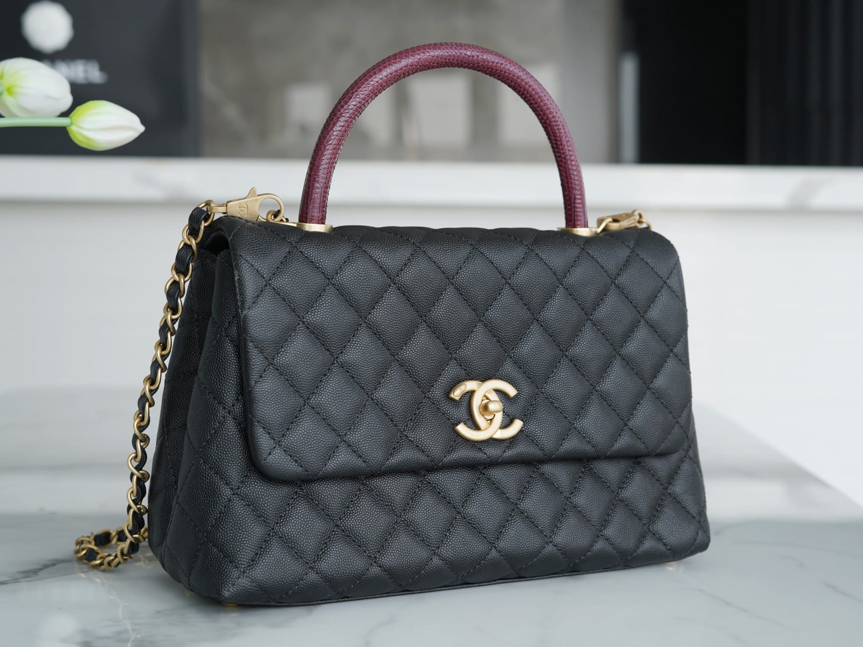 CHANEL COCO Top Handle Large Flap Bag in Grained Calfskin - Black