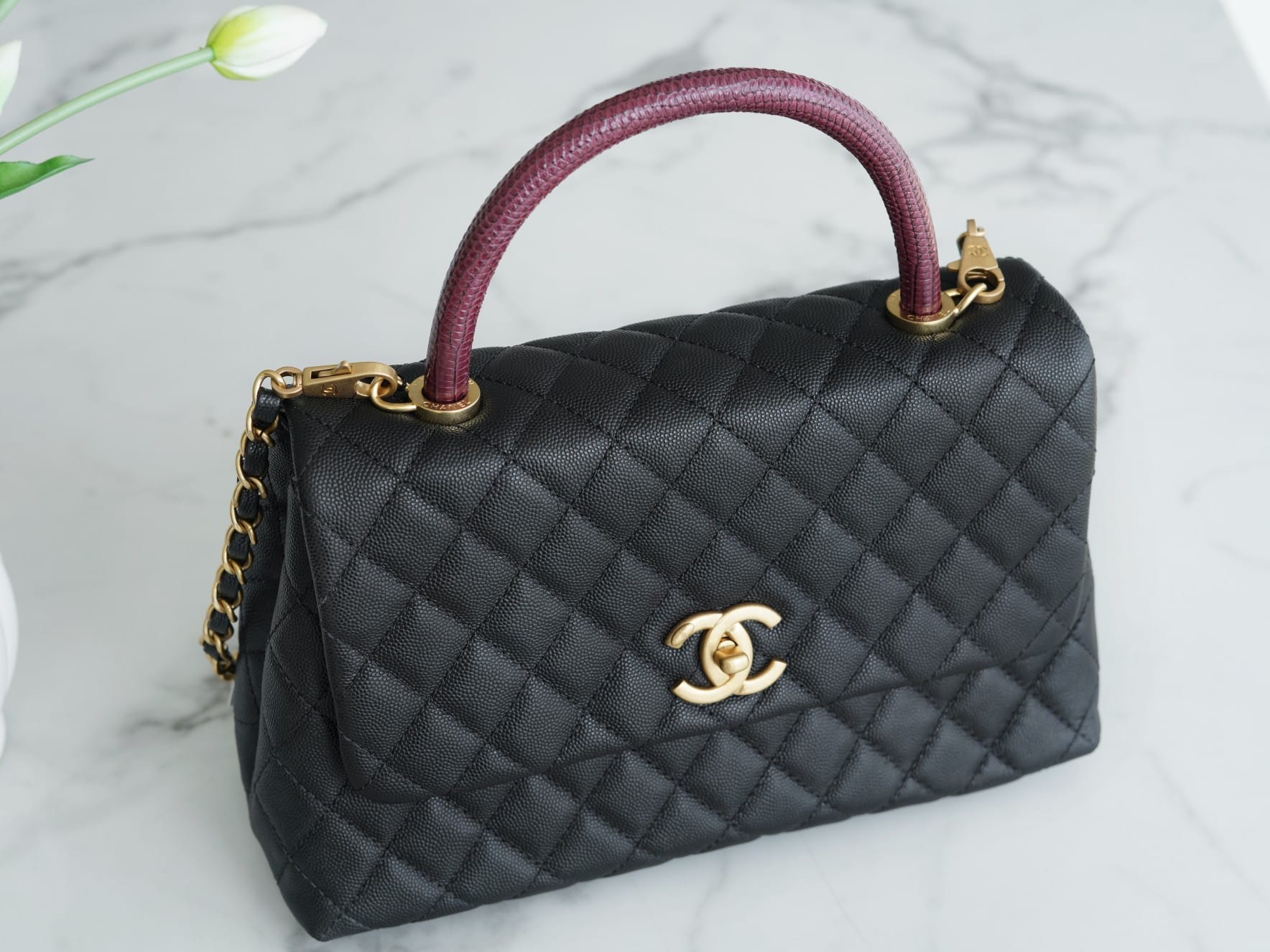 CHANEL COCO Top Handle Large Flap Bag in Grained Calfskin - Black