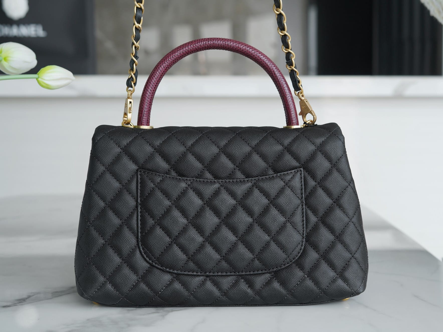 CHANEL COCO Top Handle Large Flap Bag in Grained Calfskin - Black