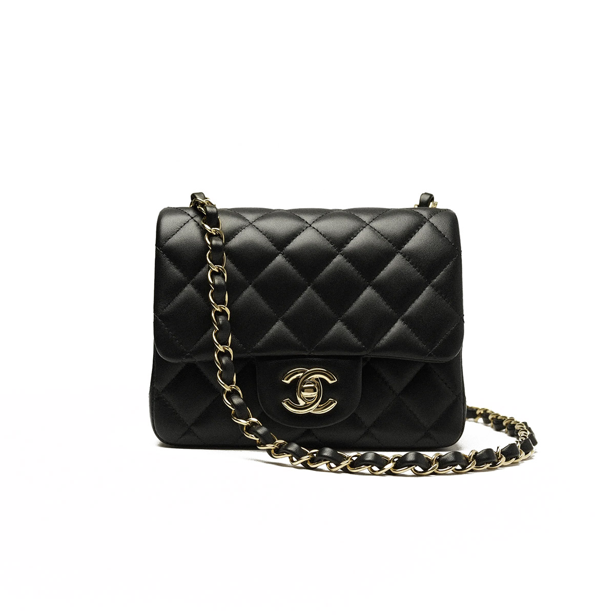 CHANEL Mini Classic Square Flap Bag in Lambskin- Black & Gold