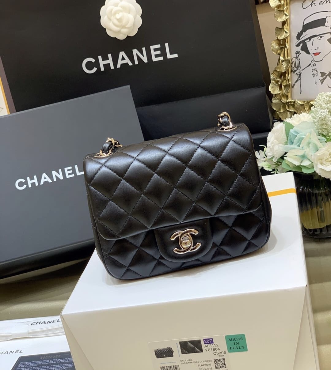 CHANEL Mini Classic Square Flap Bag in Lambskin- Black & Gold