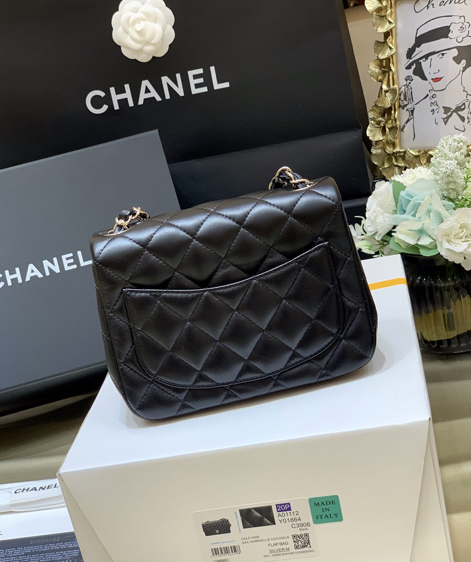 CHANEL Mini Classic Square Flap Bag in Lambskin- Black & Gold