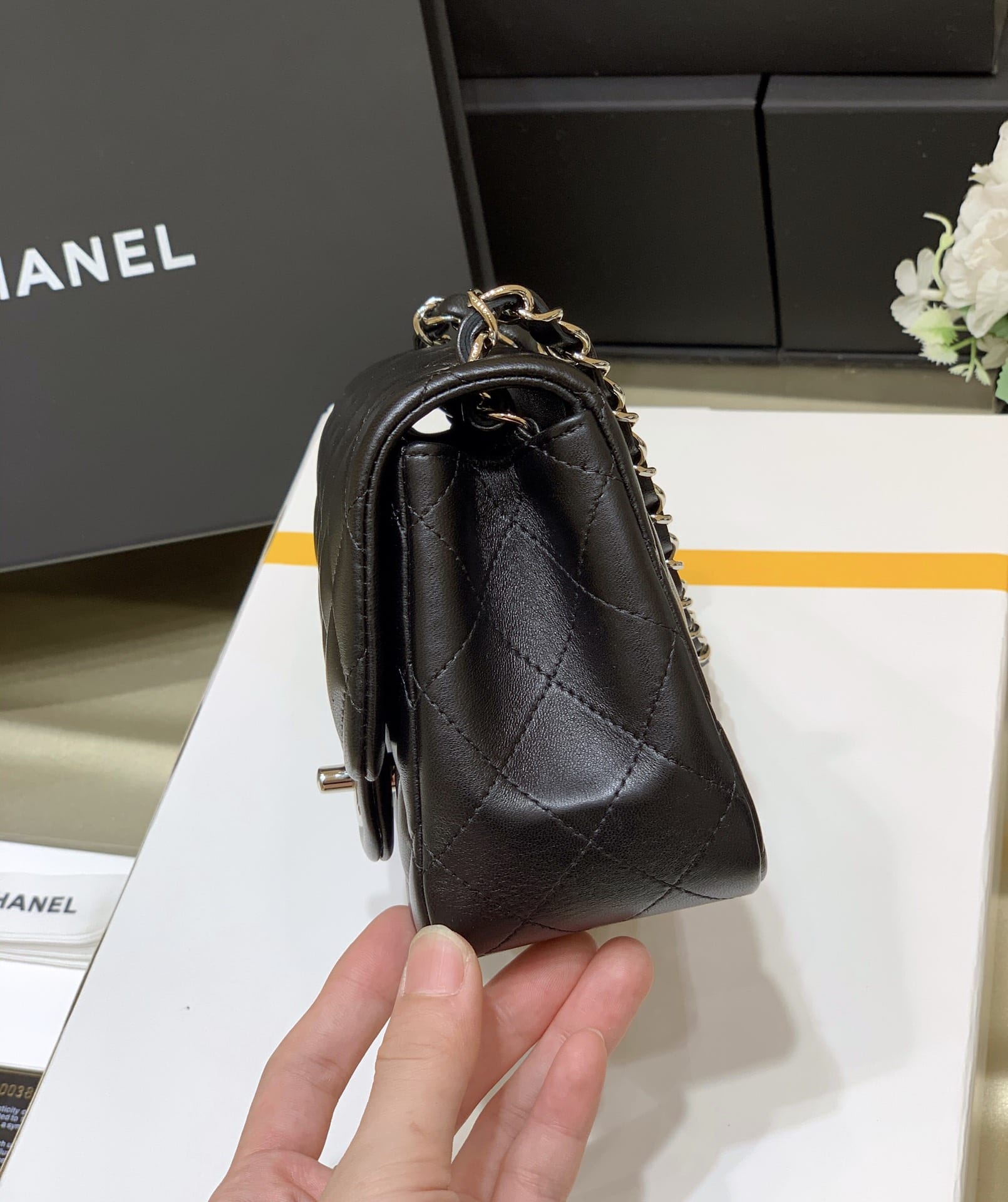 CHANEL Mini Classic Square Flap Bag in Lambskin- Black & Gold