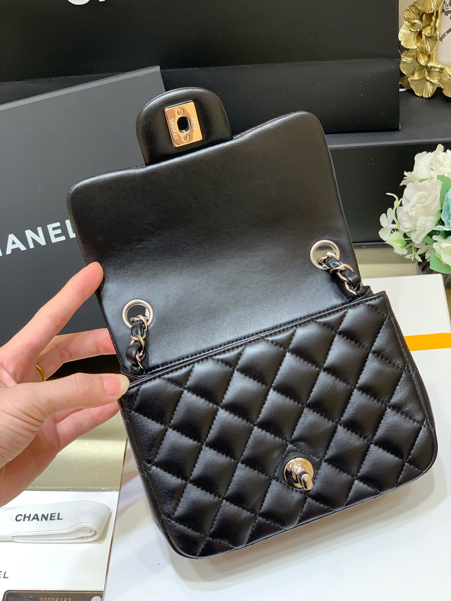 CHANEL Mini Classic Square Flap Bag in Lambskin- Black & Gold