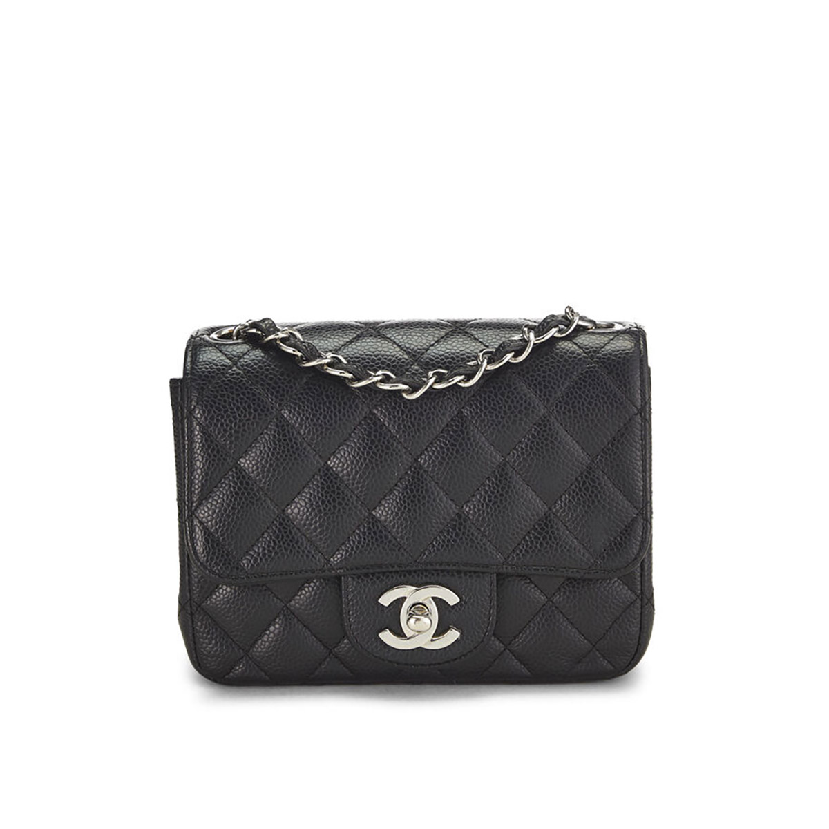 CHANEL Mini Classic Square Flap Bag in Grained Calfskin - Black & Silver