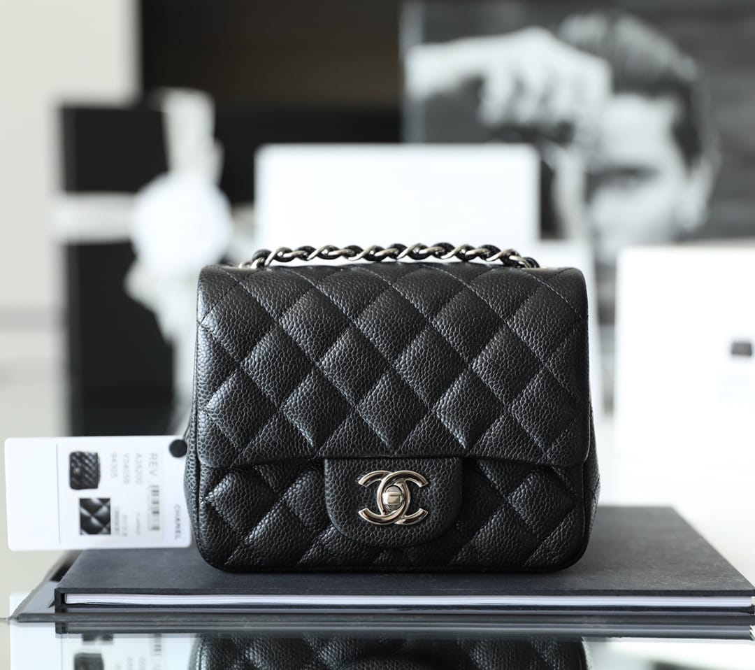 CHANEL Mini Classic Square Flap Bag in Grained Calfskin - Black & Silver