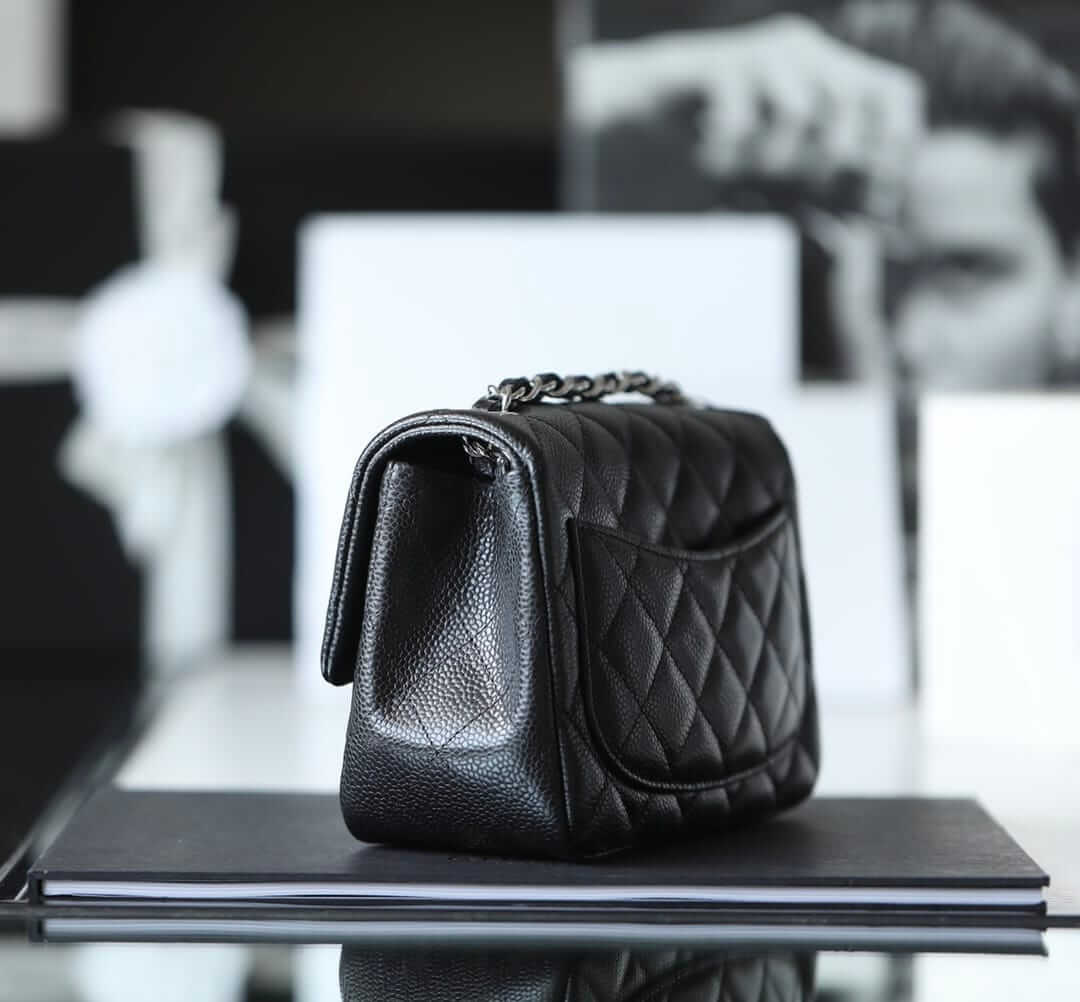 CHANEL Mini Classic Square Flap Bag in Grained Calfskin - Black & Silver