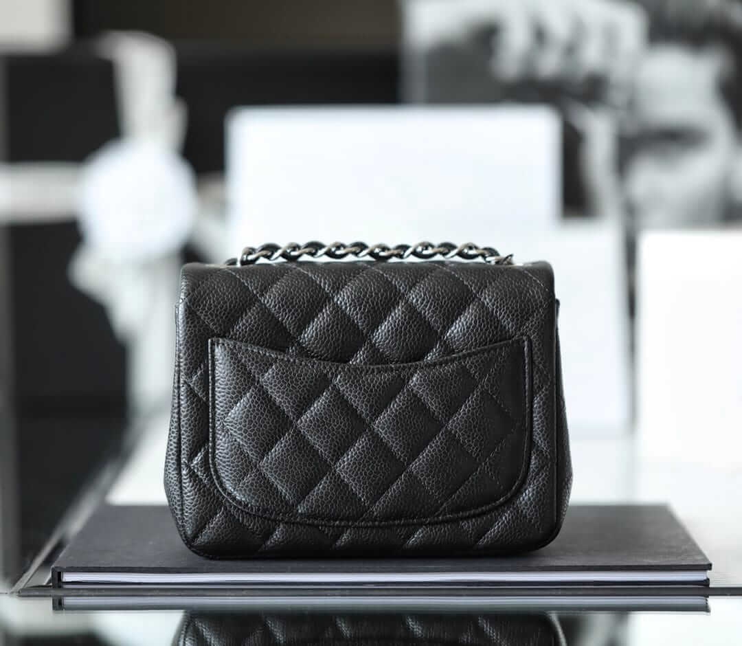 CHANEL Mini Classic Square Flap Bag in Grained Calfskin - Black & Silver