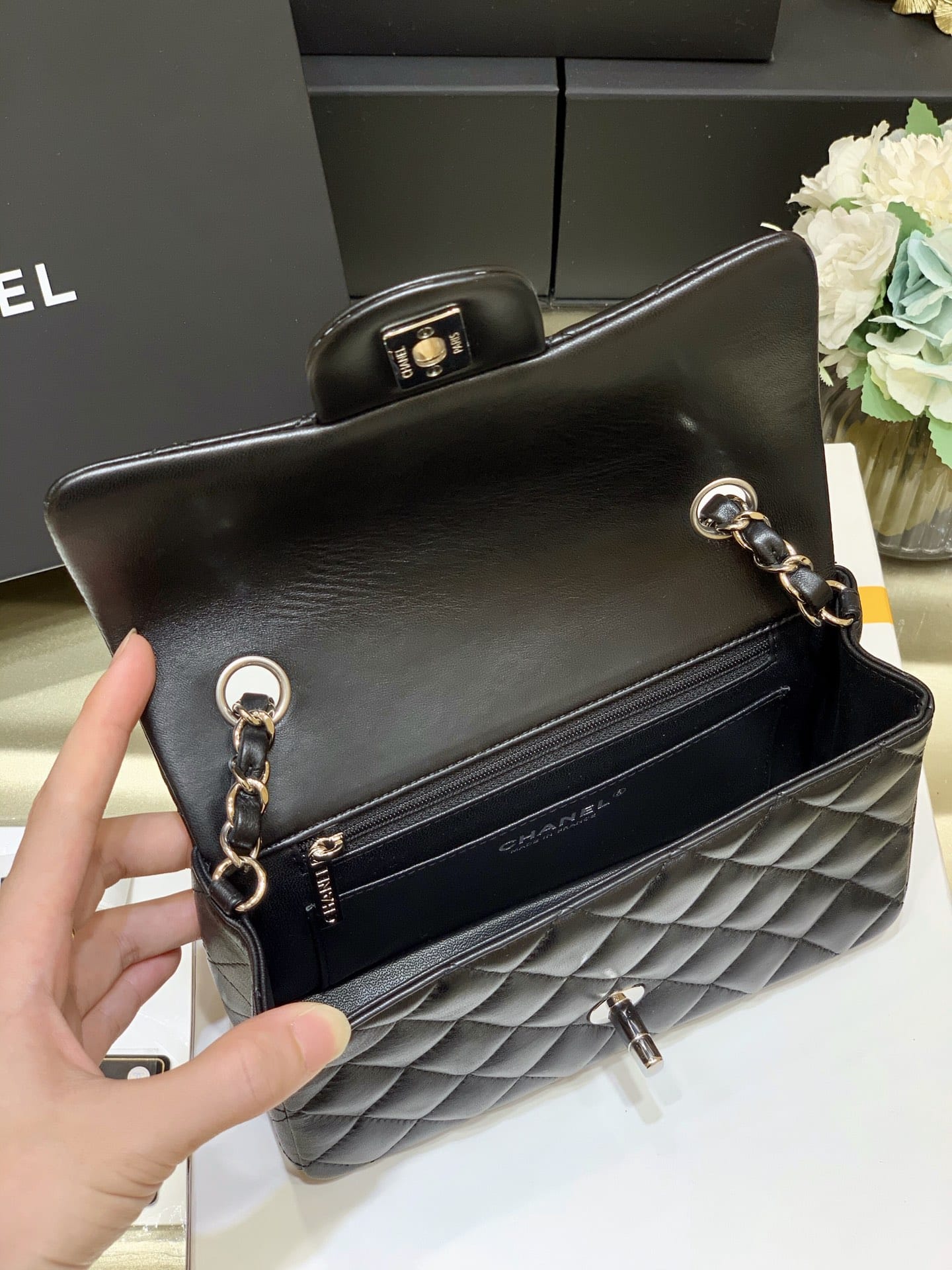 CHANEL Mini Classic Flap Bag in Lambskin- Black