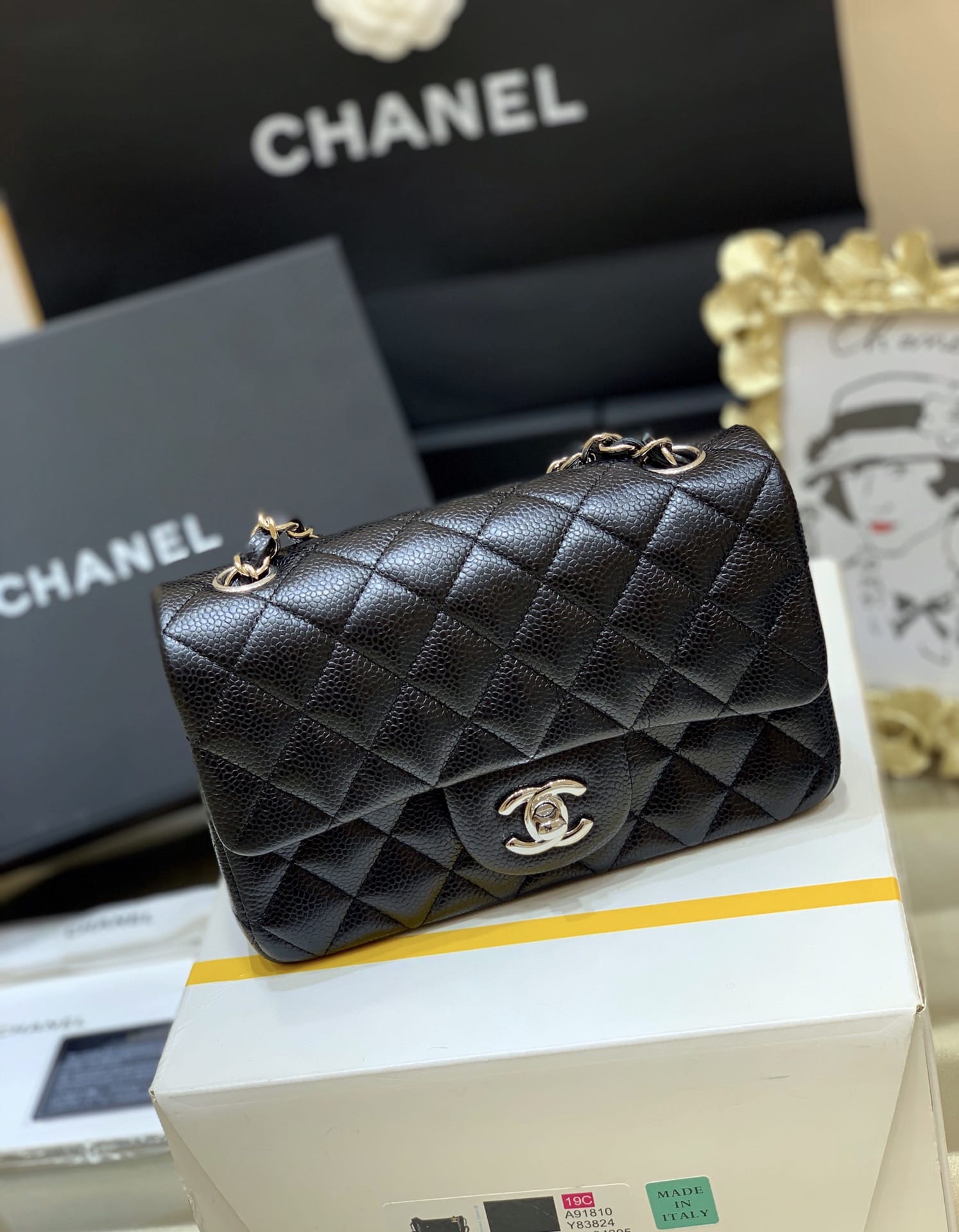 CHANEL Mini Classic Flap Bag in Grained Calfskin- Black