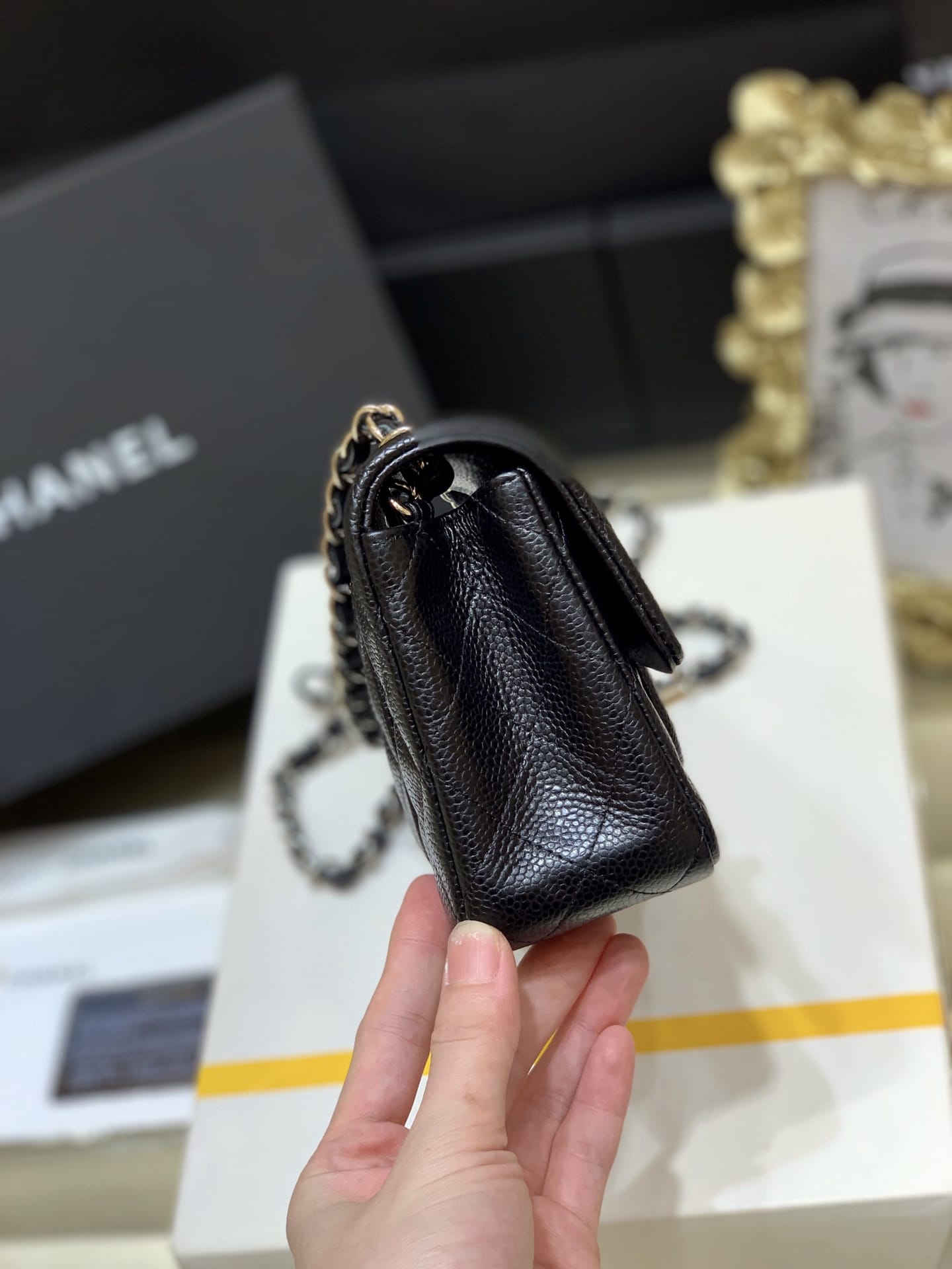 CHANEL Mini Classic Flap Bag in Grained Calfskin- Black