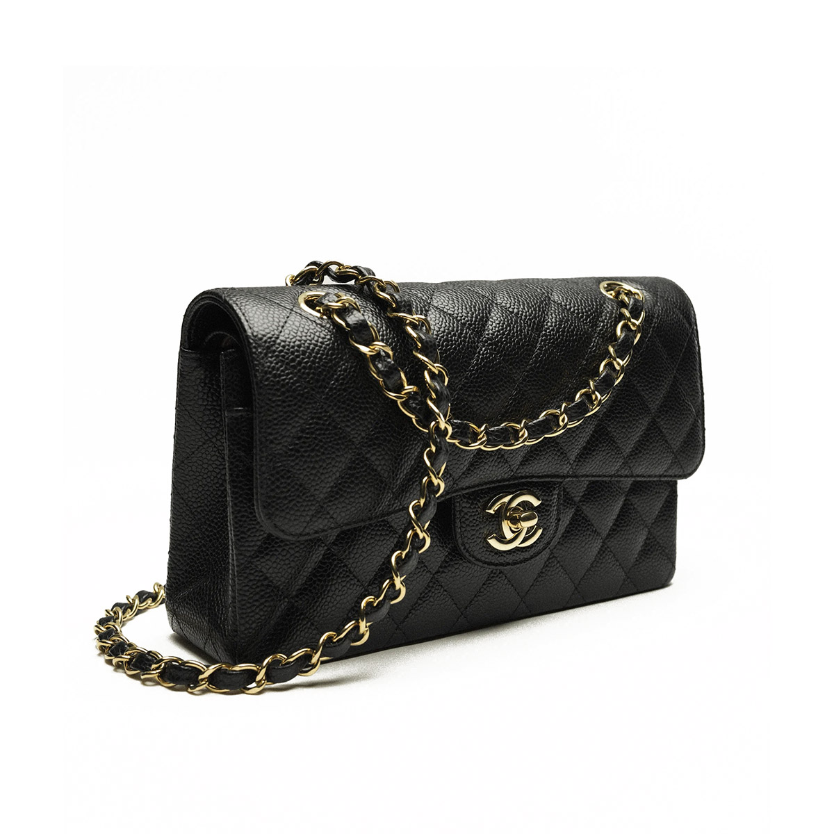 CHANEL Samll Classic Flap Bag in Grained Calfskin - Black & Gold