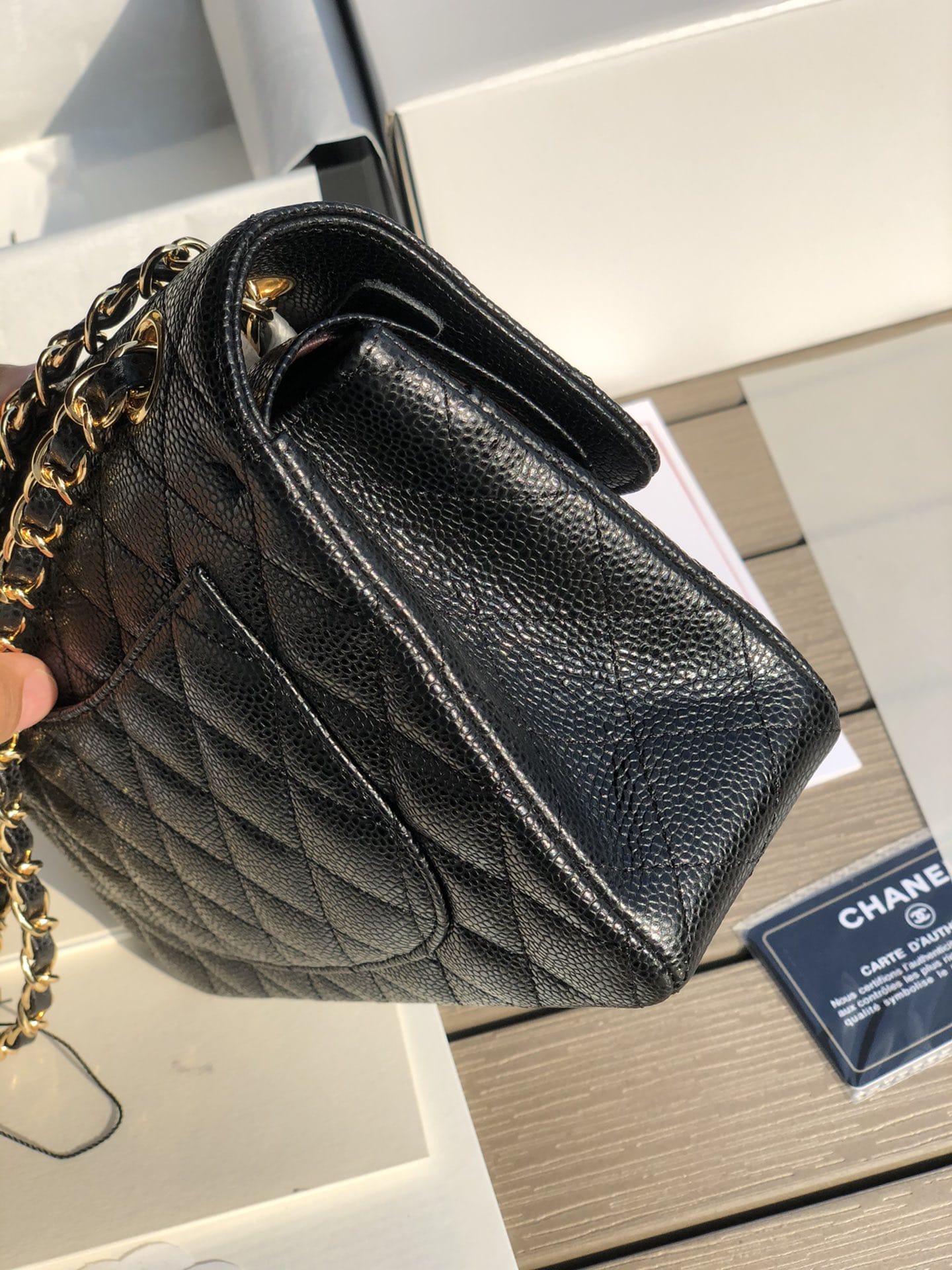 CHANEL Samll Classic Flap Bag in Grained Calfskin - Black & Gold