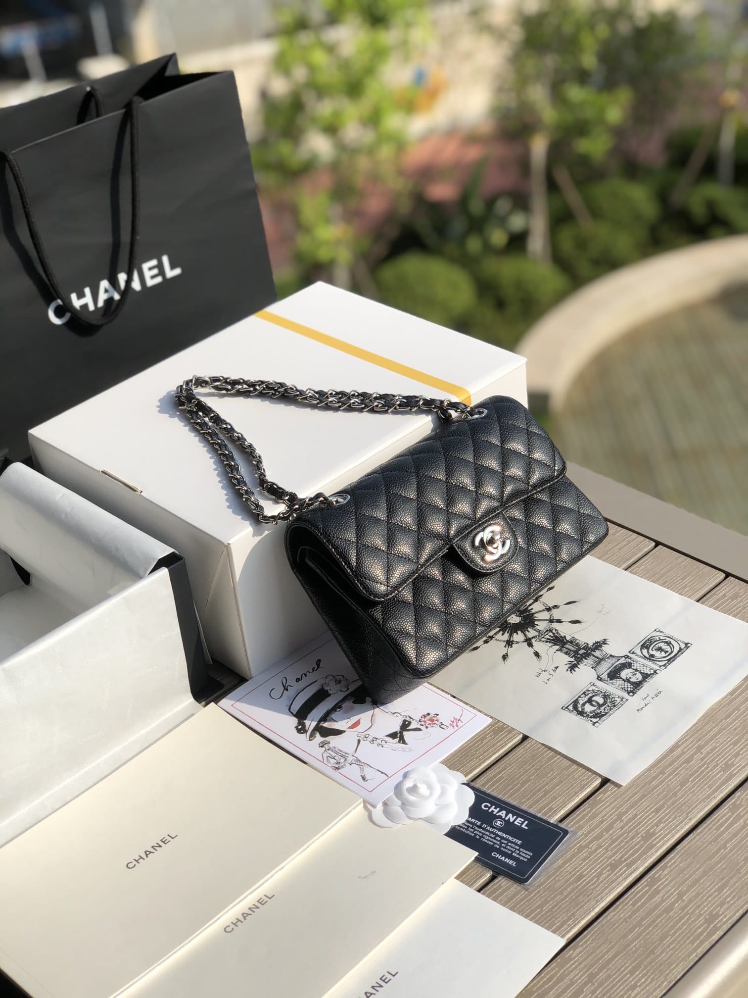 CHANEL Samll Classic Flap Bag in Grained Calfskin - Black & Silver