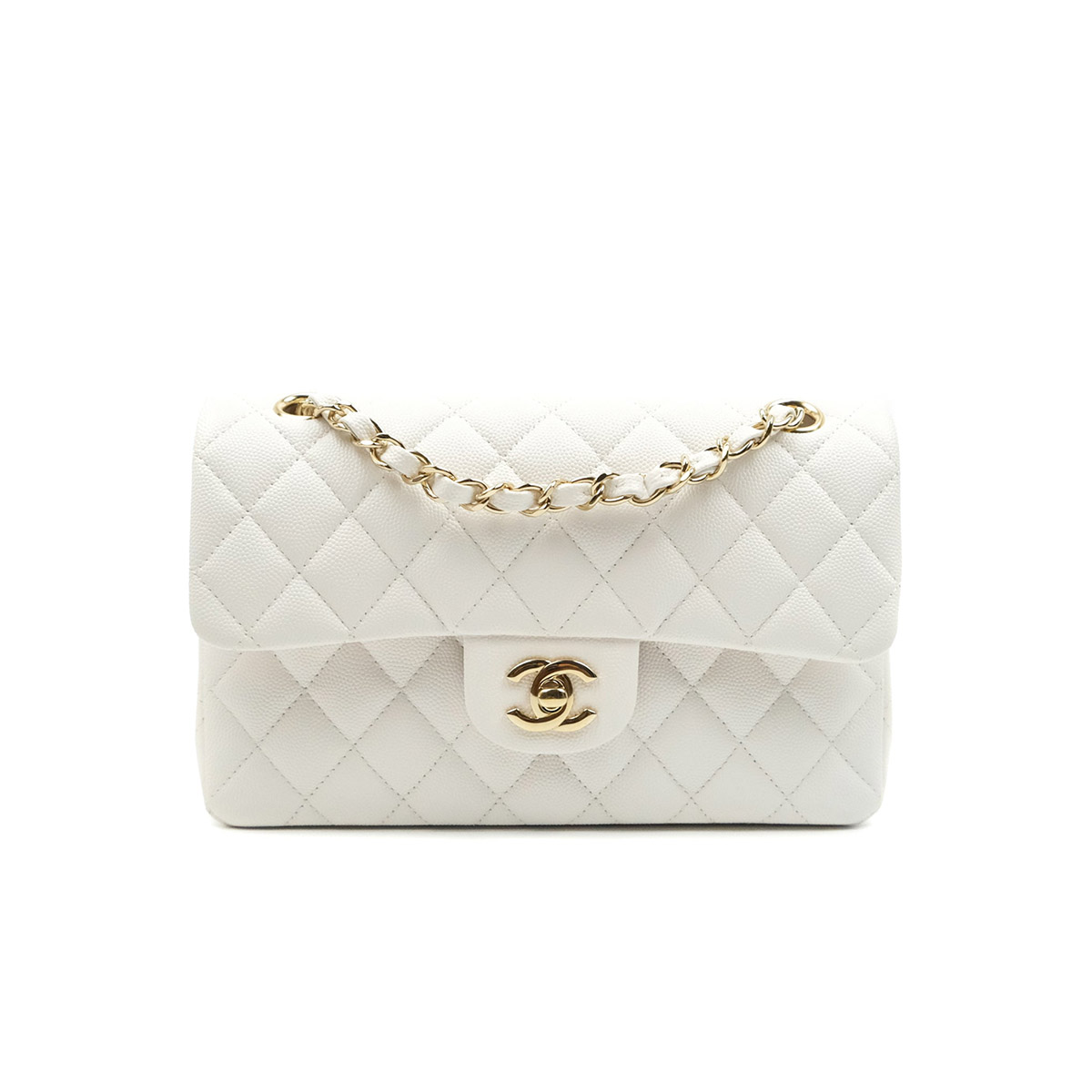 CHANEL Samll Classic Flap Bag in Grained Calfskin - White & Gold