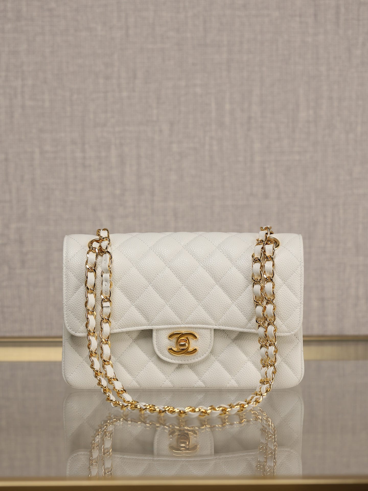 CHANEL Samll Classic Flap Bag in Grained Calfskin - White & Gold