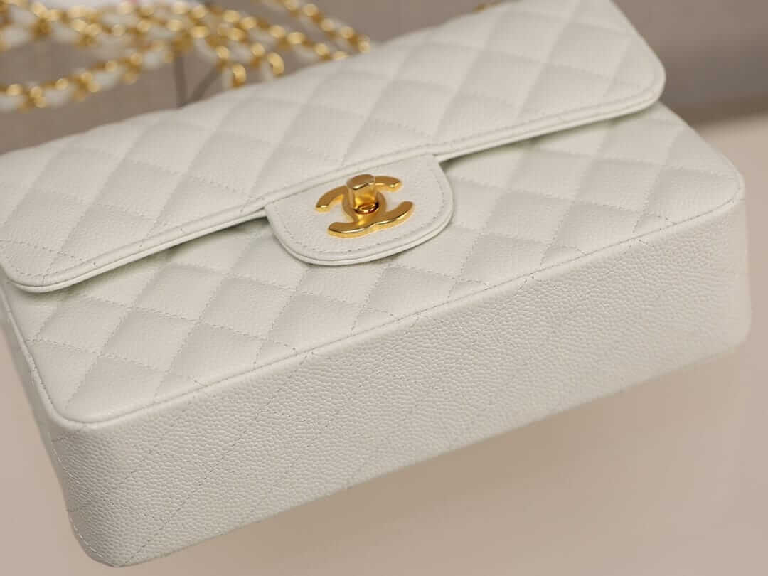 CHANEL Samll Classic Flap Bag in Grained Calfskin - White & Gold