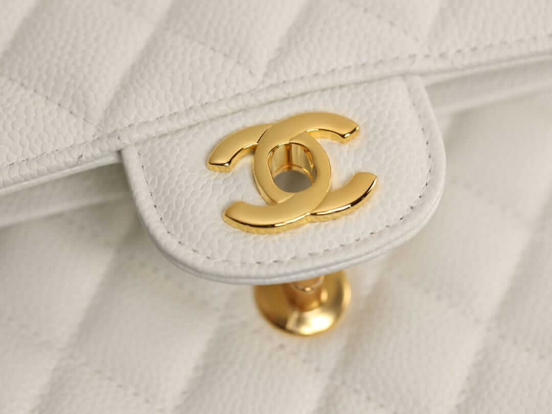 CHANEL Samll Classic Flap Bag in Grained Calfskin - White & Gold