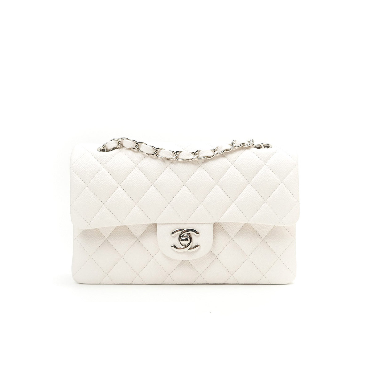 CHANEL Samll Classic Flap Bag in Grained Calfskin - White & Silver