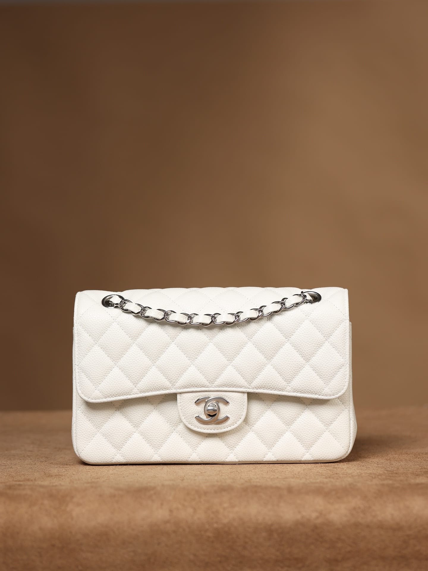 CHANEL Samll Classic Flap Bag in Grained Calfskin - White & Silver